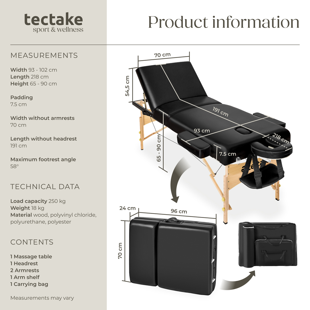 tectake Black 3 Zone Portable Adjustable Massage Table with Headrest Armrests and Carry Bag Image 9