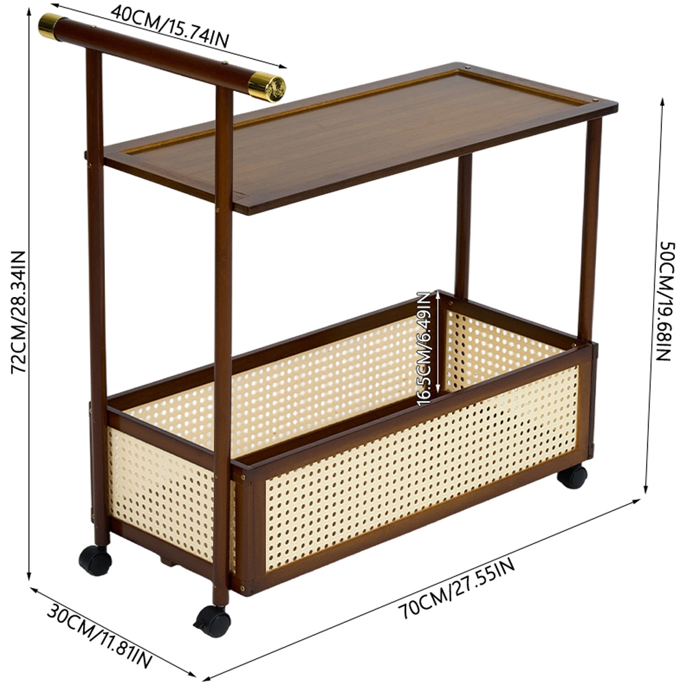 Living and Home 2-Tier Walnut Faux Rattan Side Table with Castors Image 9