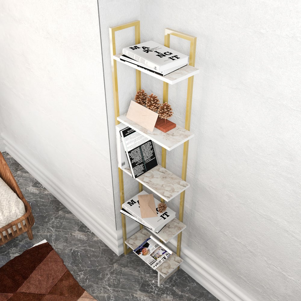 Decorotika Alice 5 Shelf Gold and White Marble Effect Corner Bookshelf Image 5