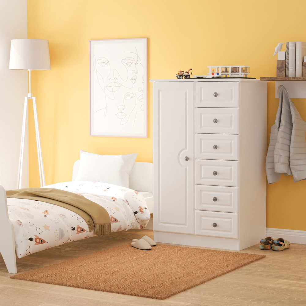 Crowndale Pembroke Single Door 6 Drawer Matt White Kids Wardrobe Ready Assembled Image 8