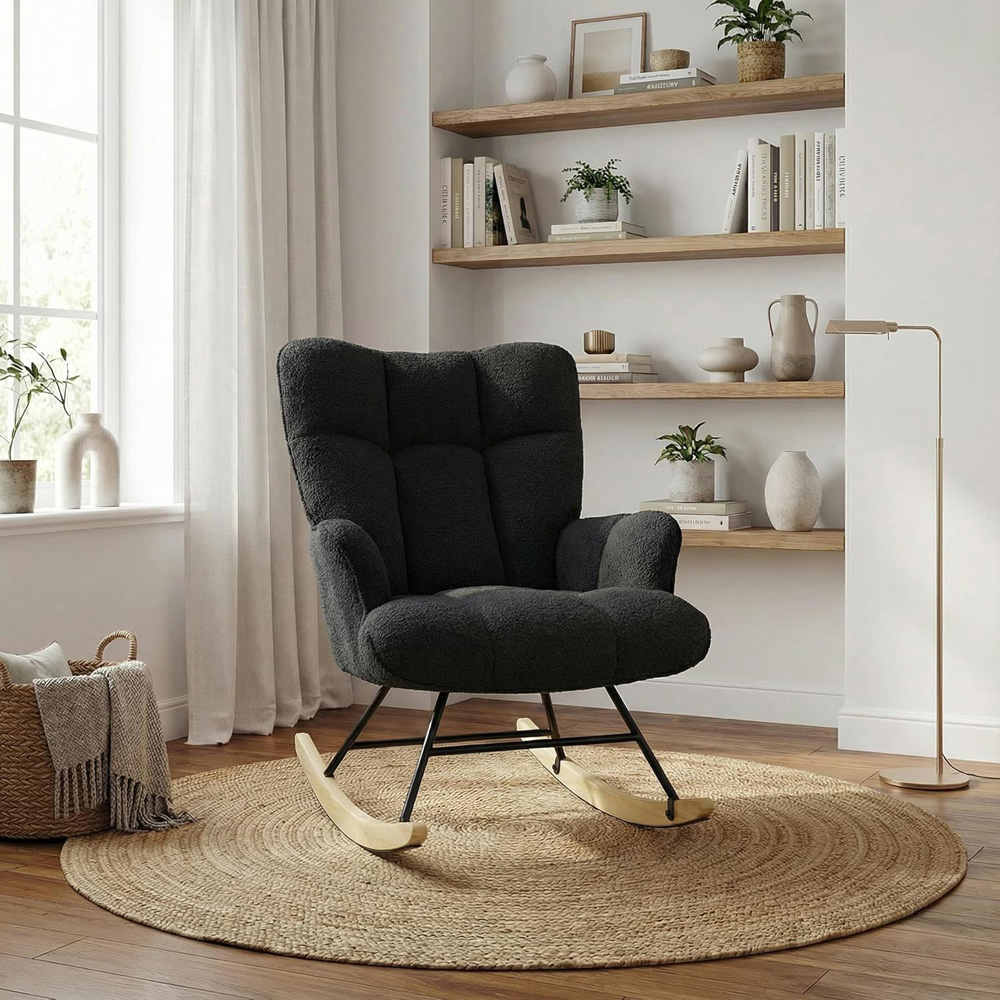 Alivio Black Teddy Plush High Backrest Rocking Chair Image 4