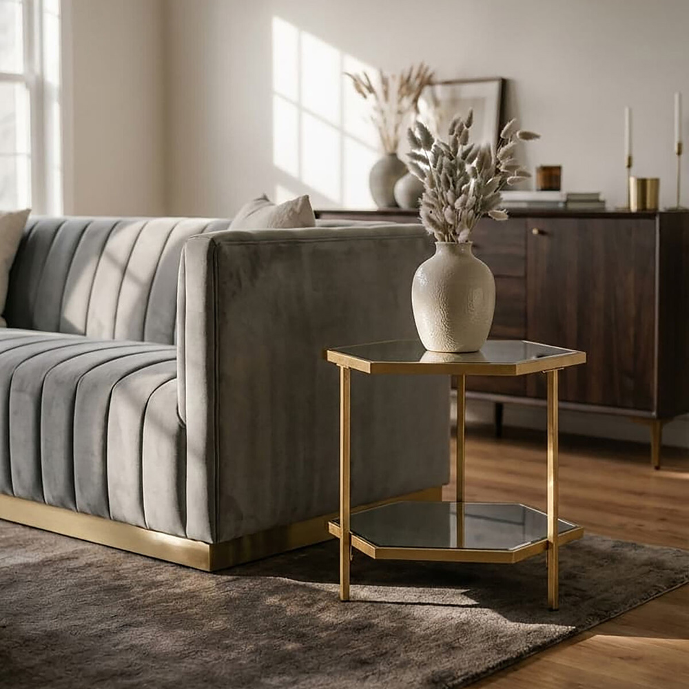 Premier Housewares 2-Tier Gold Finish Glass Top Side Table Image 3
