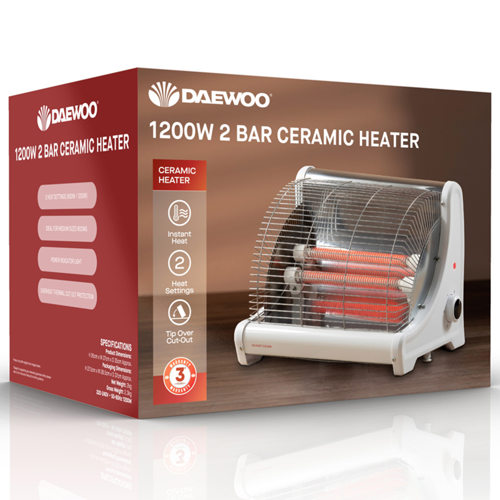 Daewoo White 2 Bar Ceramic Heater 1200W Image 3
