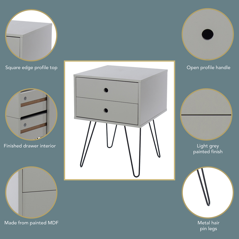 Telford 2 Drawer Light Grey Metal Legs Bedside Table Image 6