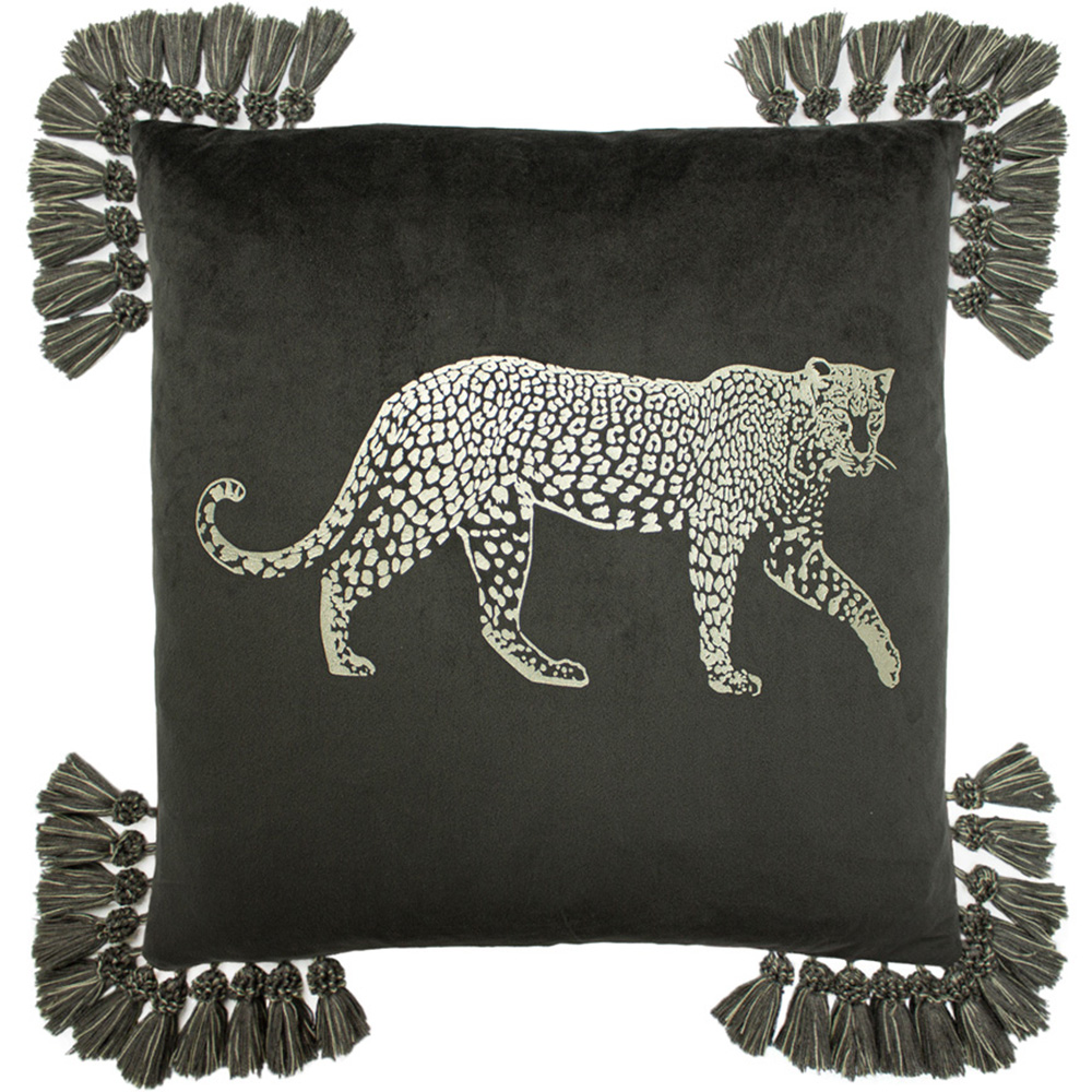Paoletti Roscoe Grey Velvet Tasselled Cushion Image 1