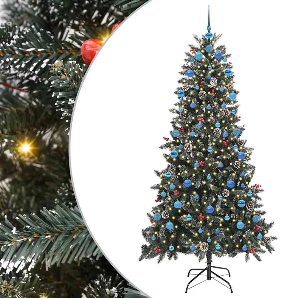 vidaXL Pre-Lit Blue Baubles and Pinecones Green Artificial Snow Tipped Christmas Tree 7ft Image 2