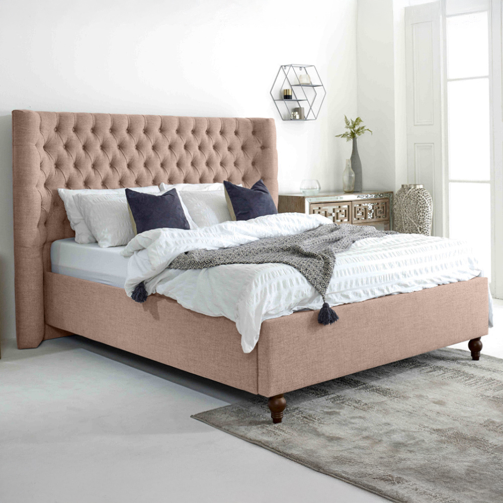 Eleganza Dinah Single Oatmeal Grampian Fabric Bed Frame with Winged Headboard Image 1