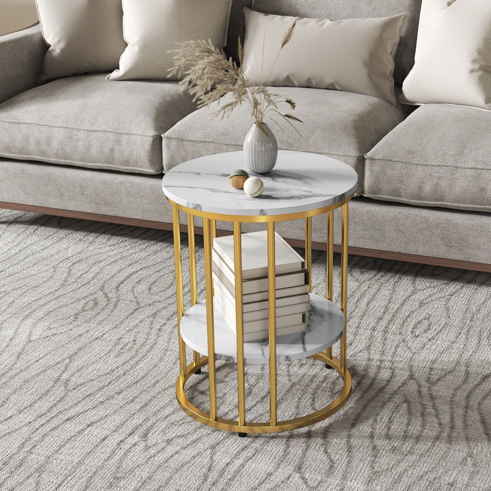 HOMCOM Marble-Effect and Gold Round Coffee Table Set of 2 Image 4