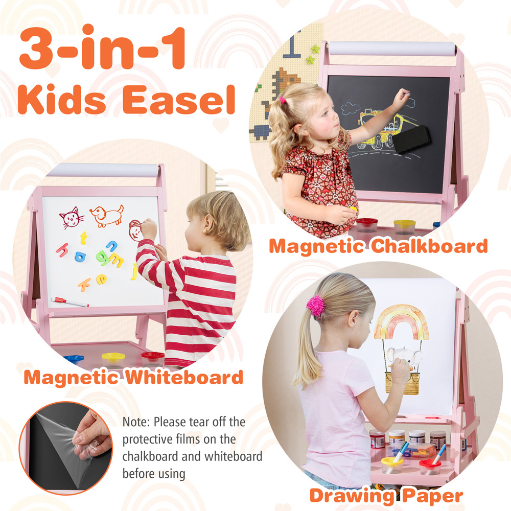 Costway Kids Pink Double Sided Easel with Magnetic Whiteboard and Chalkboard Image 7