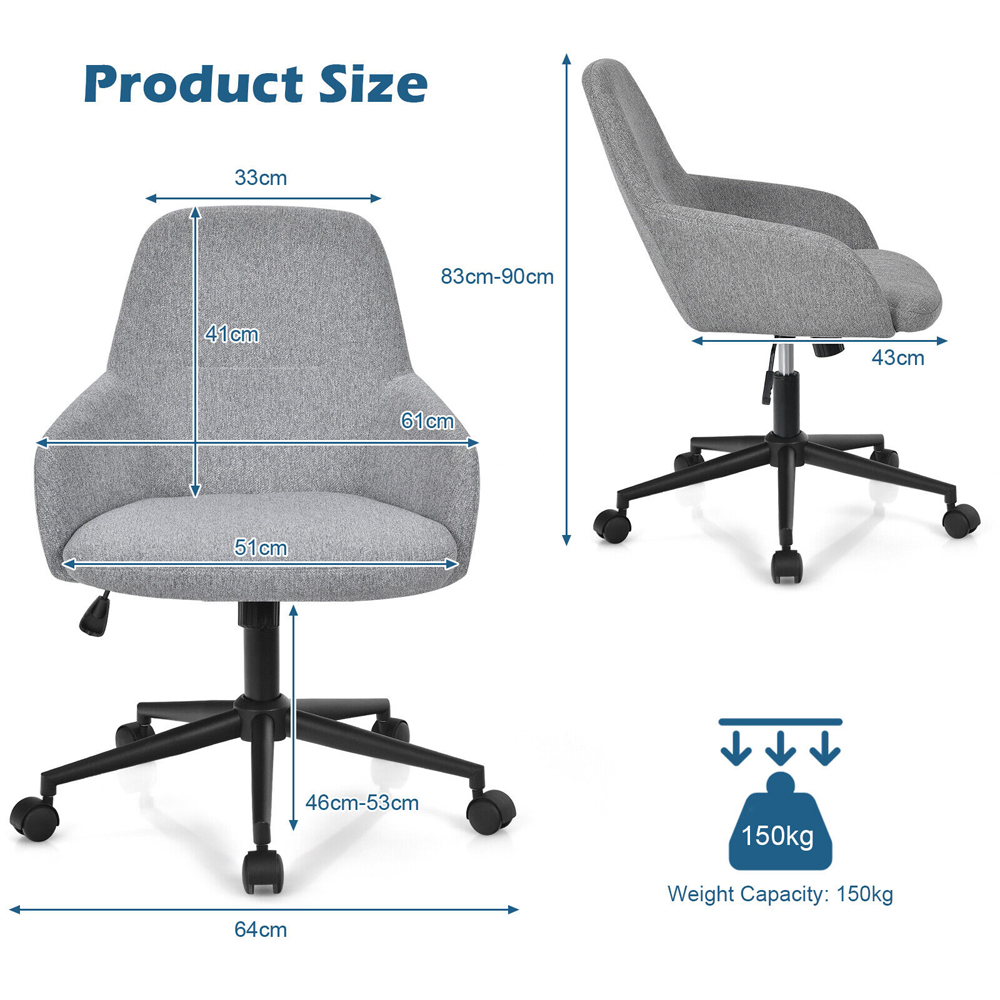 Costway Grey Home Office Chair with Reclining Backrest Image 9
