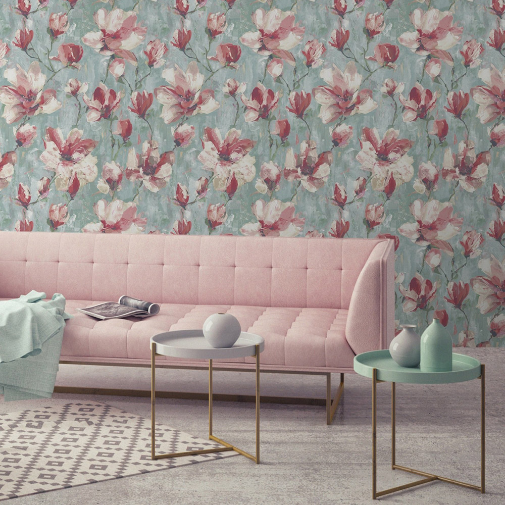 Grandeco Camilla Floral Oil Painting Textured Chalky Teal Pink Wallpaper Image 2