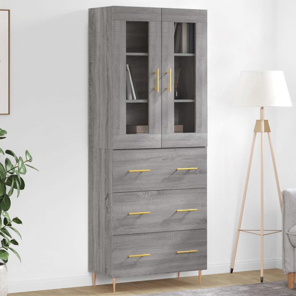 vidaXL 2 Glass Door 3 Drawer Concrete Grey Highboard Image 1