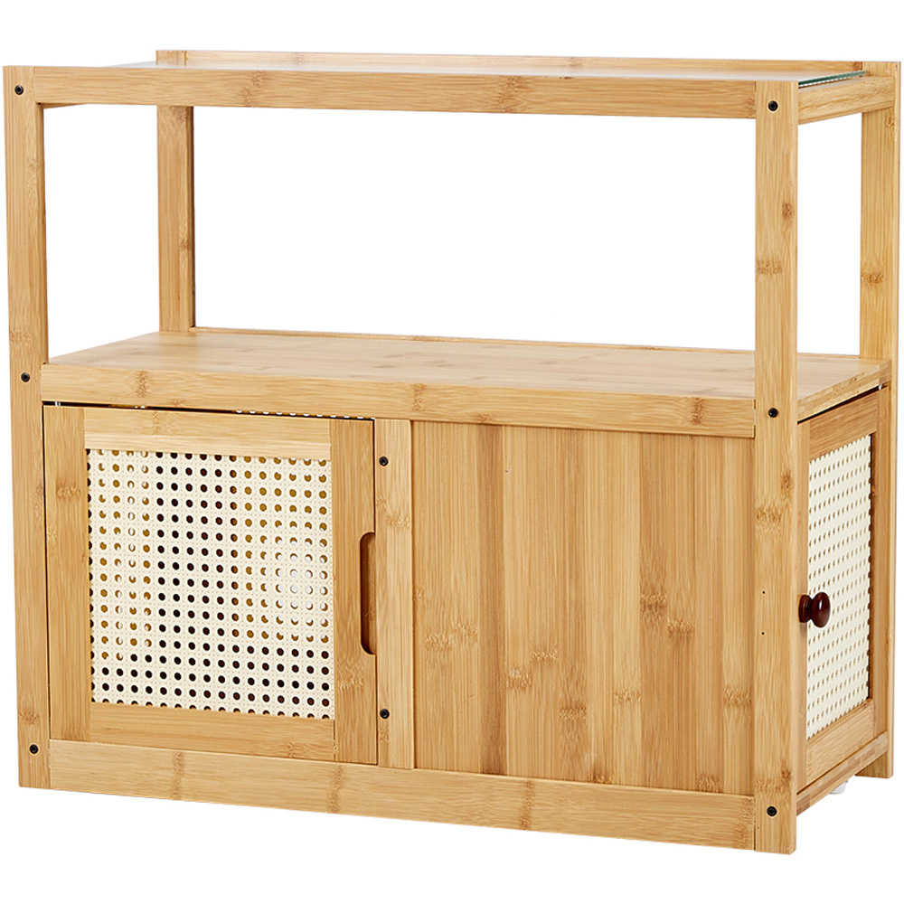 Living and Home 2 Tier 2 Door Wooden Glass Side Table with Wheels Image 2