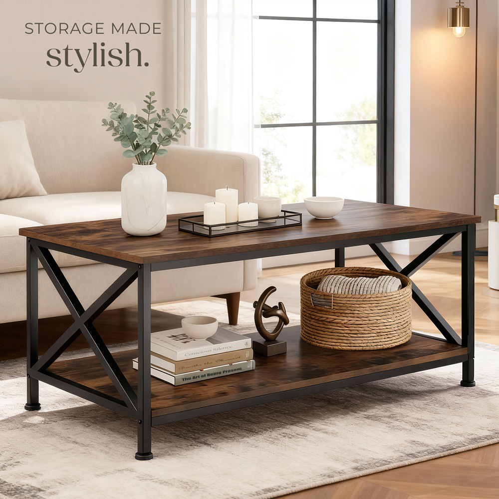 tectake Pittsburgh 2 Shelf Dark Industrial Wood Rustic Coffee Table Image 8