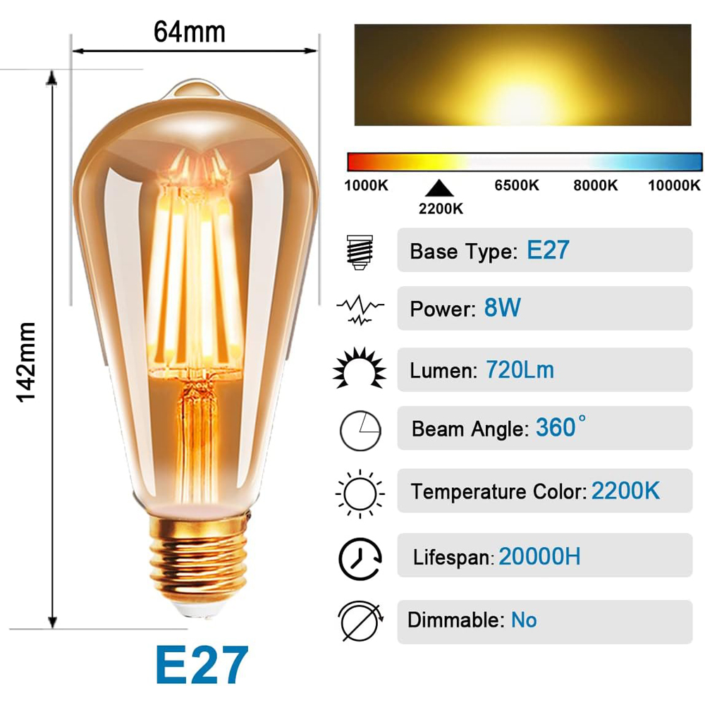 ExtraStar 4 Pack 8W Vintage Filament Light Bulb Image 5