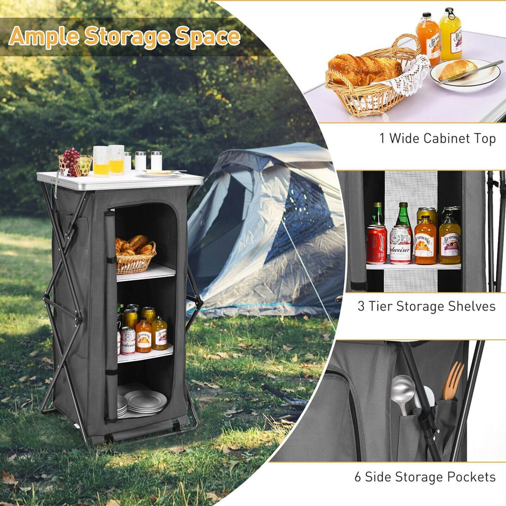 Costway 3 Shelf L Size Grey Foldable Camping Storage Cabinet with Carry Bag Image 3