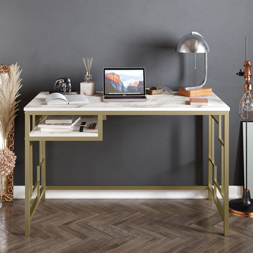 Decorotika Victory Single Shelf Wide Study Desk White Marble Effect and Gold Image 3
