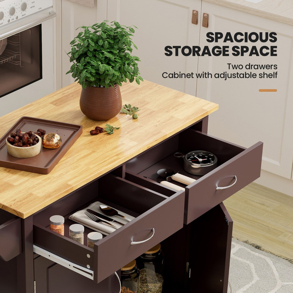 Costway 2 Door 2 Drawer Brown Rolling Kitchen Island Cart Image 5