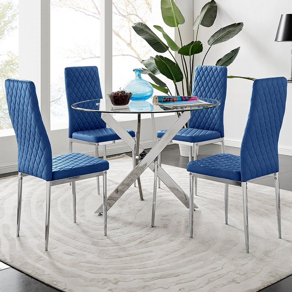 Furniturebox Arona Valera 4 Seater Round Dining Set Navy and Chrome Image 1