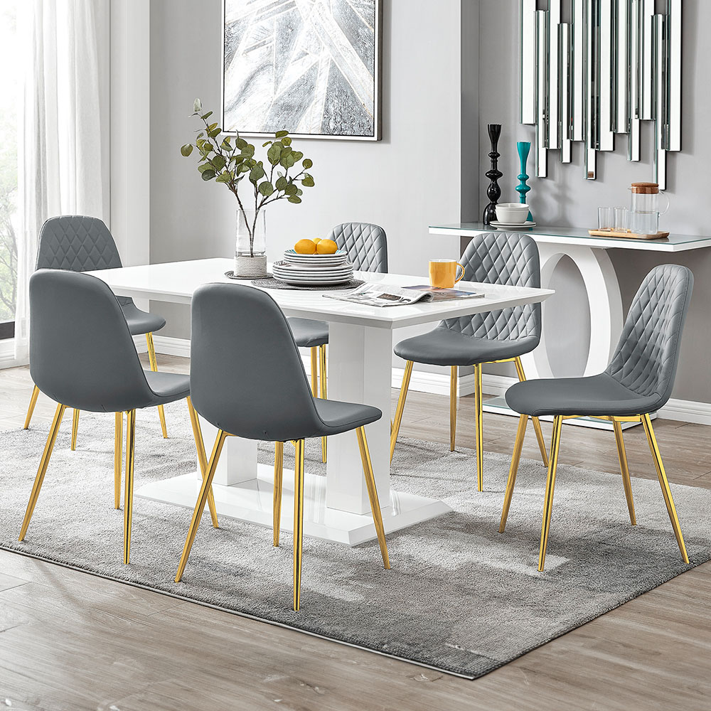Furniturebox Molini Solara 6 Seater Dining Set White High Gloss and Elephant Grey and Gold Image 1