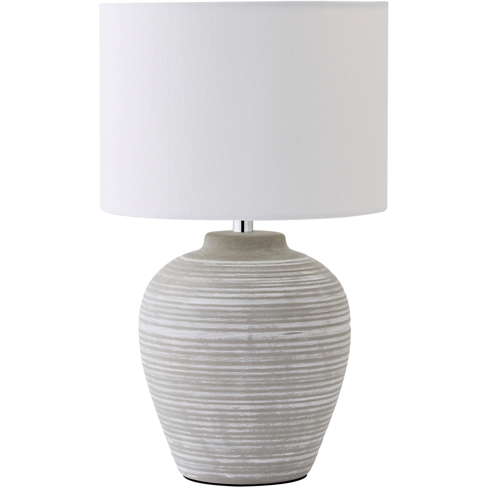 ValueLights Reid Linen Drum Lamp Shade Stone Grey Ribbed Ceramic Small LED Table Lamp Image 1