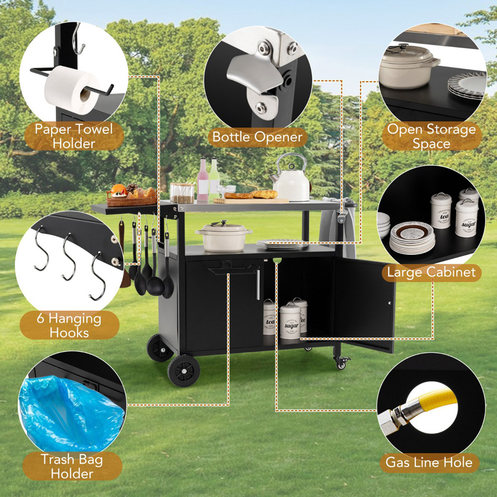 Costway Black  Grill Cart with Storage and Folding Stainless Steel Top Image 5
