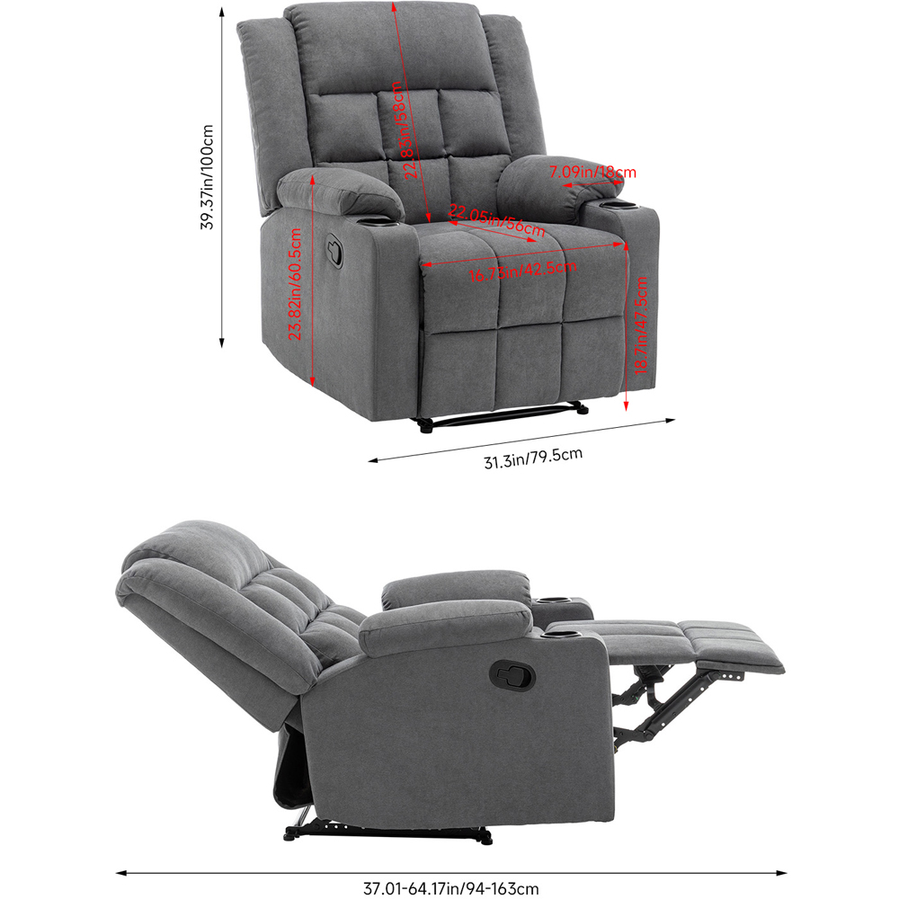 Living and Home Grey Fabric Recliner Chair with Adjustable Footrest and Cup Holders Image 9