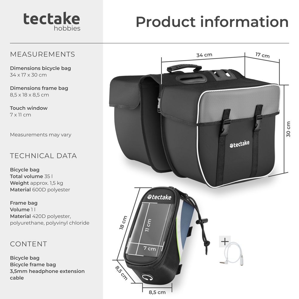 tectake Black and Green Water-Repellent Georg Frame Bicycle Bag Set 8.5 x 18 x 8.5cm Image 9