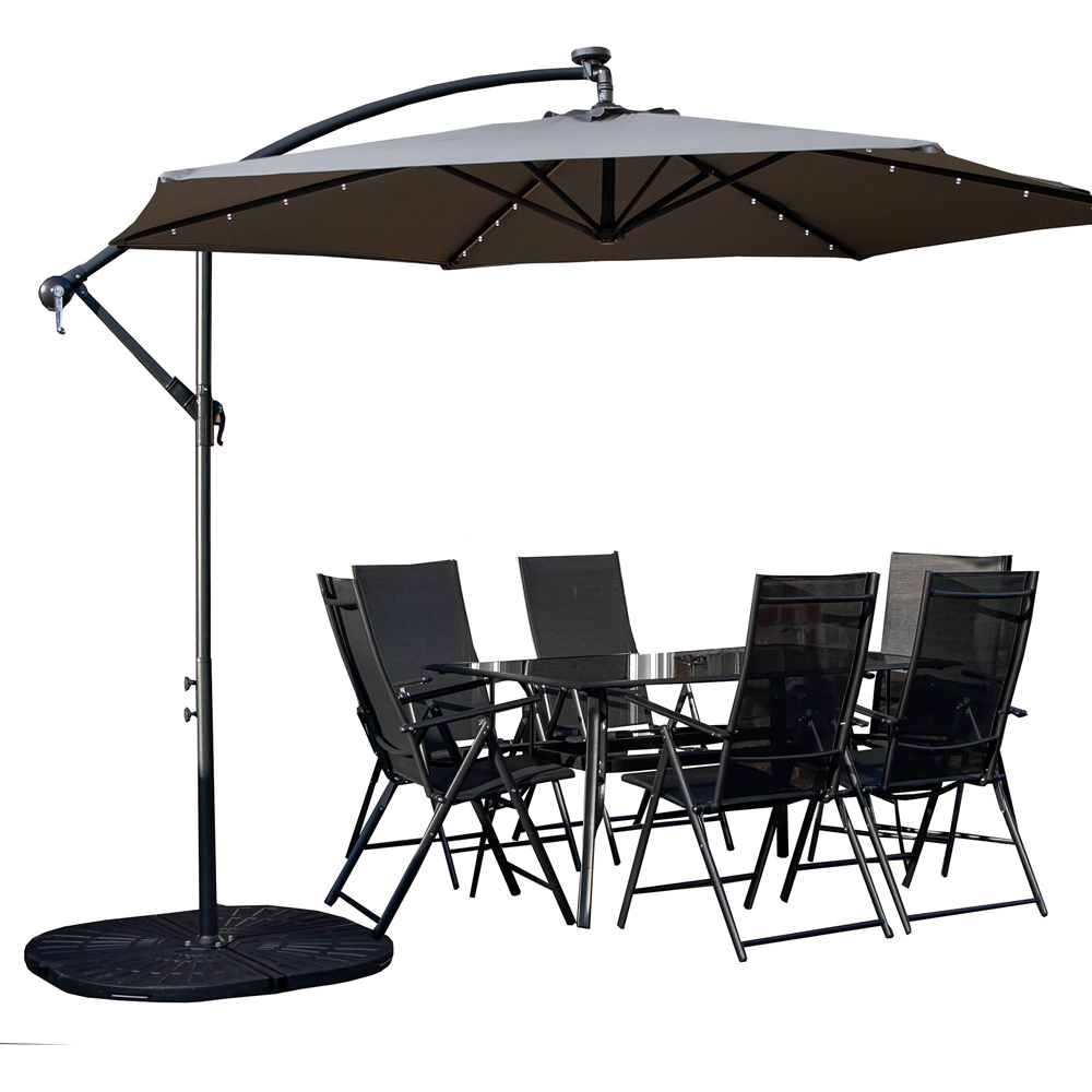 Samuel Alexander 6 Seater Glass Top Outdoor Dining Set with Grey Banana Lit Parasol and Base Image 2