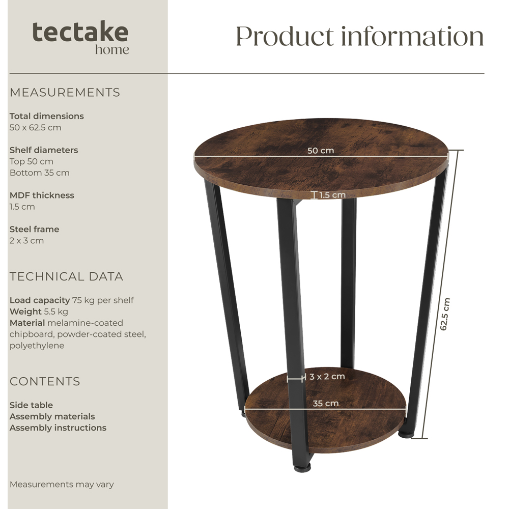 Tectake Swindon Single Shelf Round Rustic Dark Wood Bedside Table Image 9
