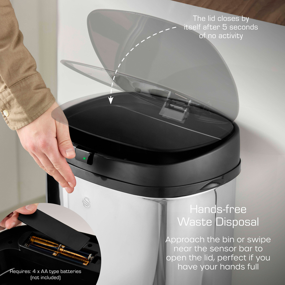 Swan Silver and Black Stainless Steel Square Sensor Bin 50L Image 4
