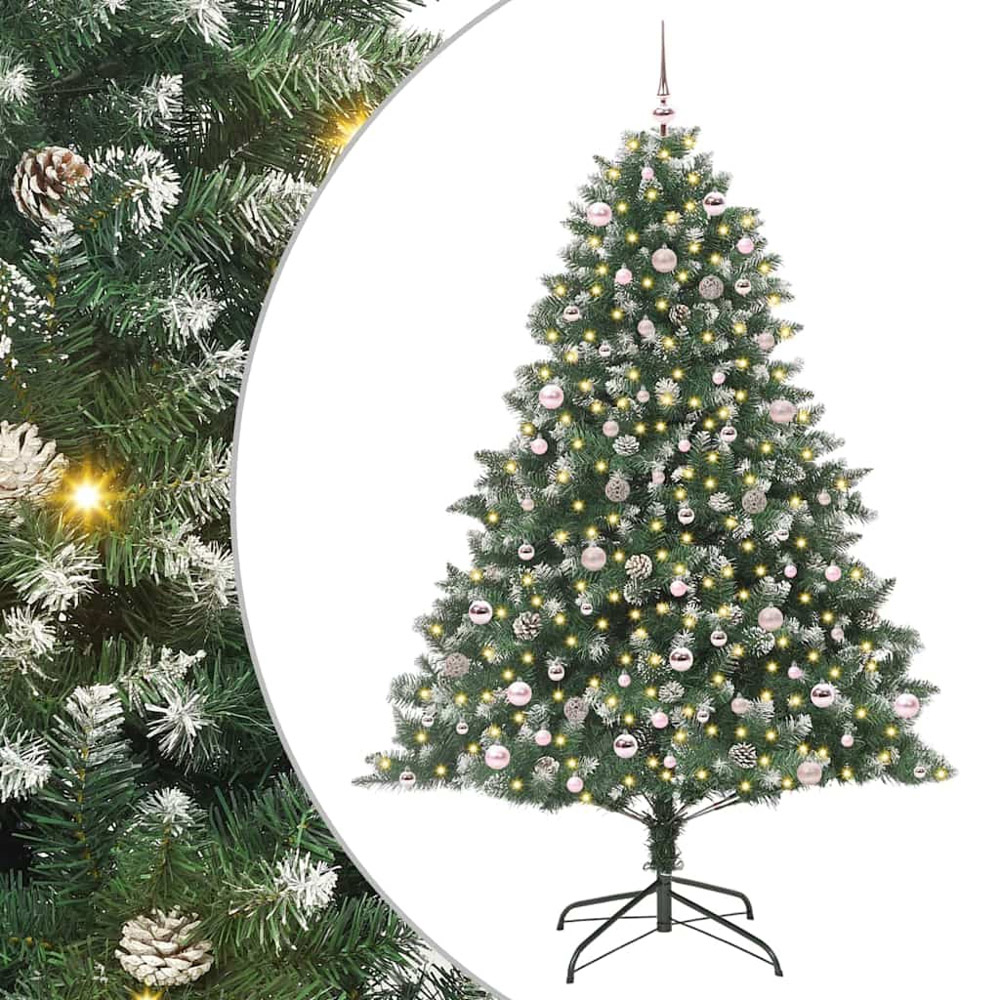 vidaXL Pre-Lit Pink Baubles Green Artificial Snow Tipped Christmas Tree 8ft Image 2