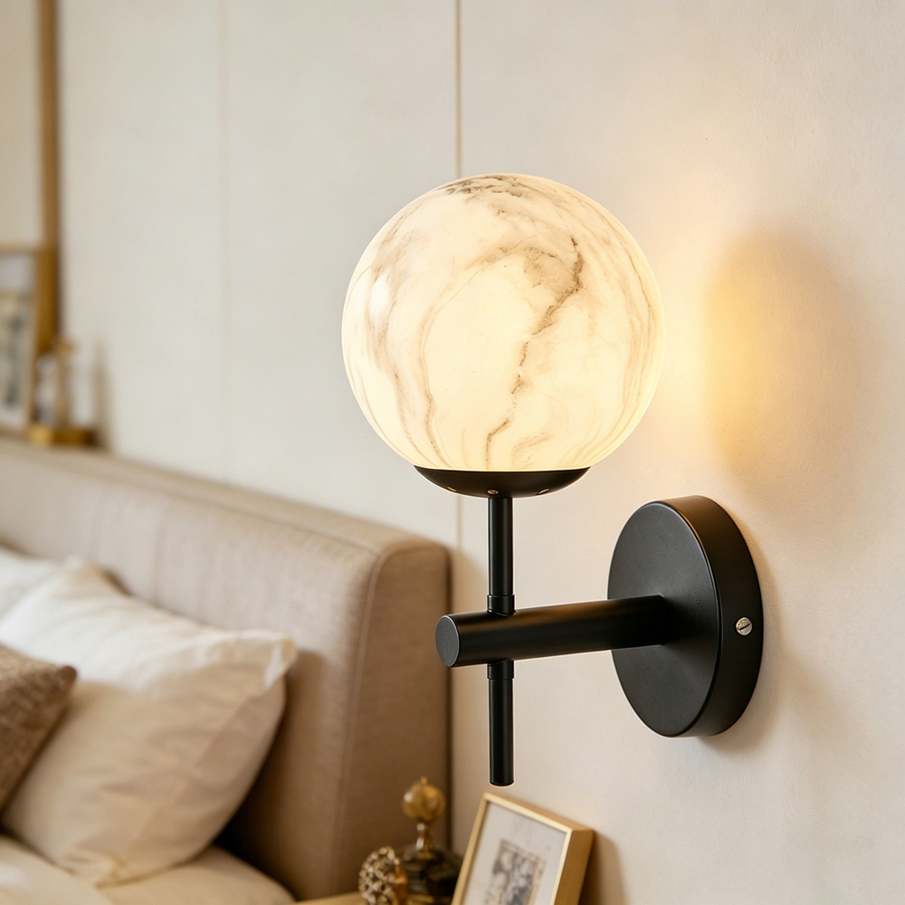 Living and Home E27 Screw Black Iron Marble Textured Glass Shade Wall Light 28cm Image 2