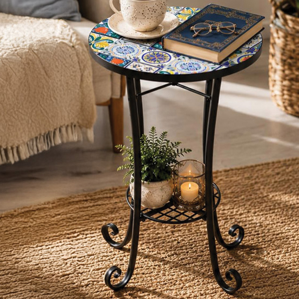 Shatchi Lisbon 2-in-1 Single Shelf Mosaic Ceramic Tile Top Plant Stand Side Table Image 1