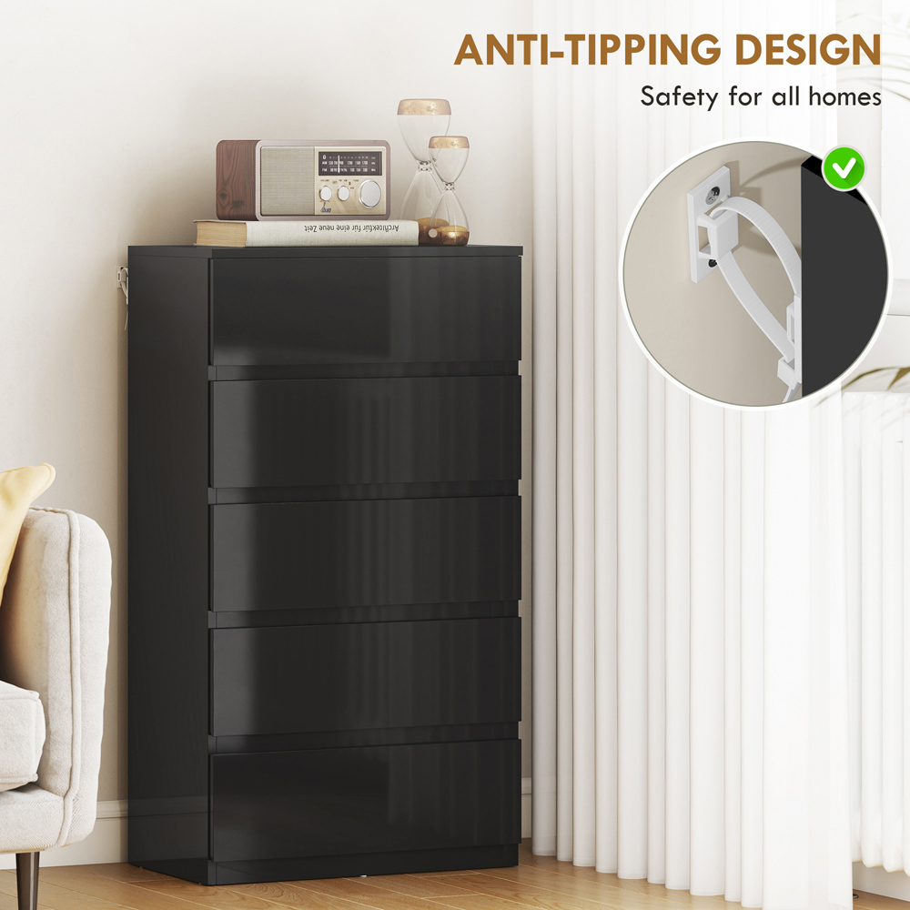 Portland 5 Drawer High Gloss Black Chest of Drawers Image 7