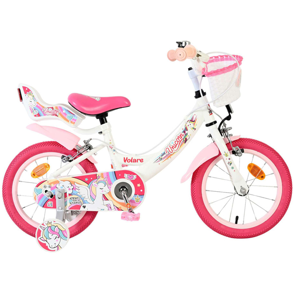 Volare Unicorn Kids 14 inch White and Pink Bike with Stabilisers Doll Seat and Basket Image 6