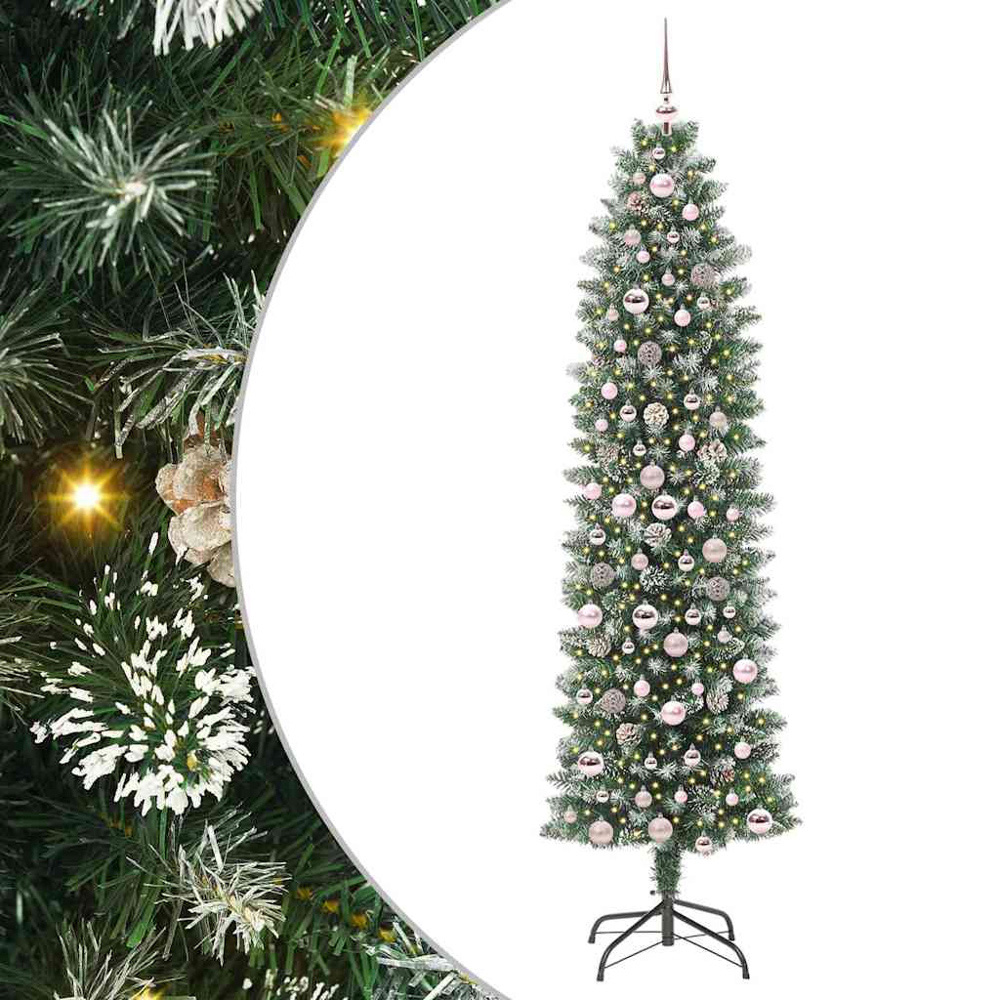 vidaXL Pre-Lit Warm White LED and Pink Baubles Green Slim Artificial Christmas Tree 7ft Image 7