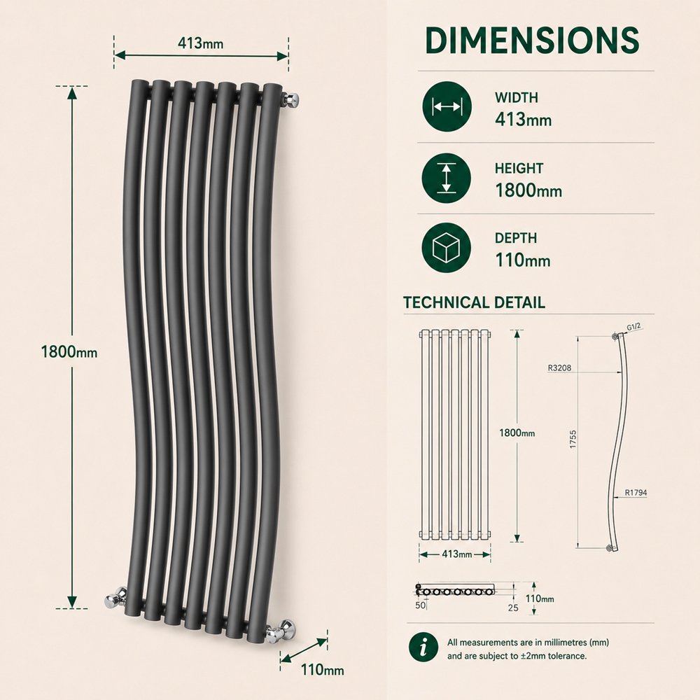 Go Bathrooms Gamma 2926 BTU Grey High Output Steel Vertical Radiator 1785 x 413mm Image 6