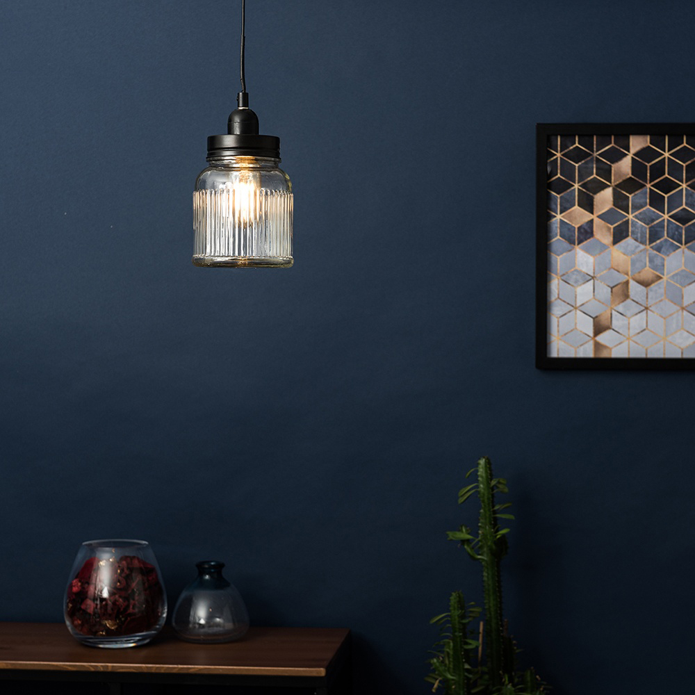 ValueLights Black Ribbed Glass Jar Ceiling Pendant Shade Image 7