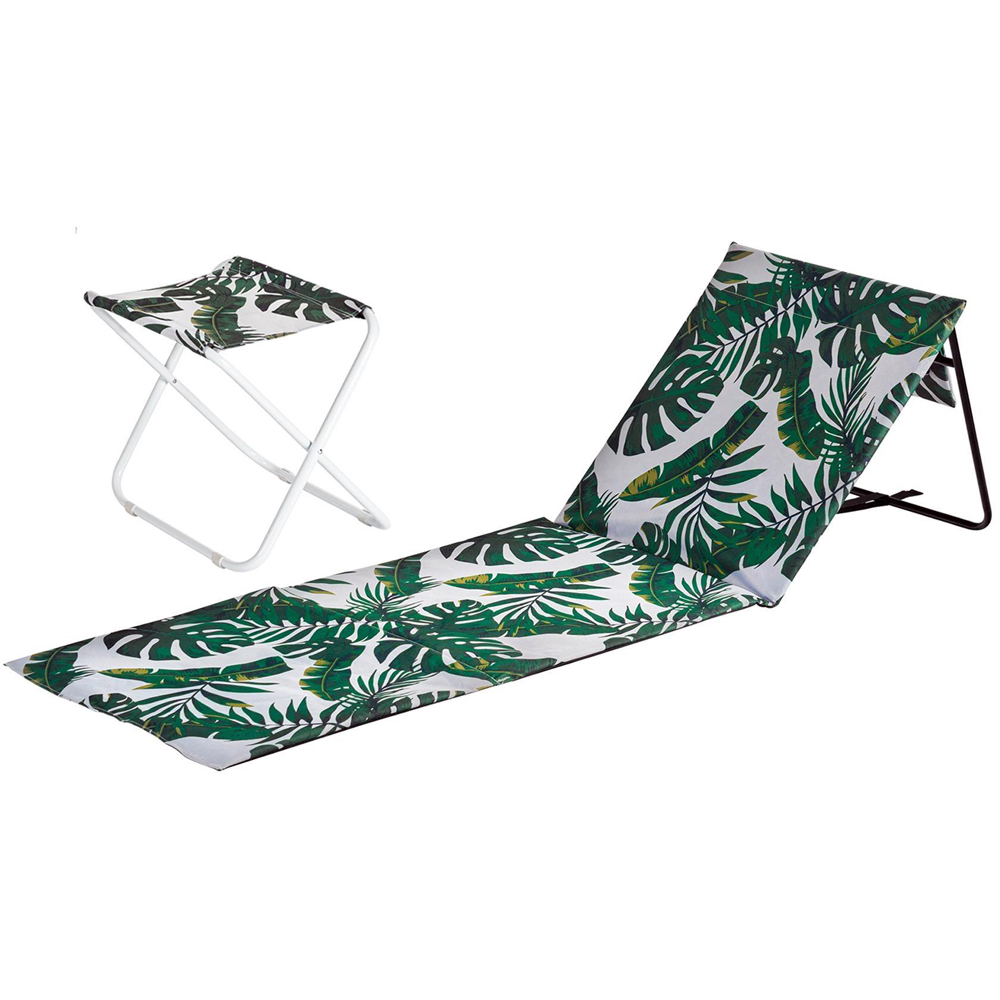 Harbour Housewares 2 Piece Banana Leaf Camping Stool and Folding Sun Lounger Beach Furniture Set Image 2
