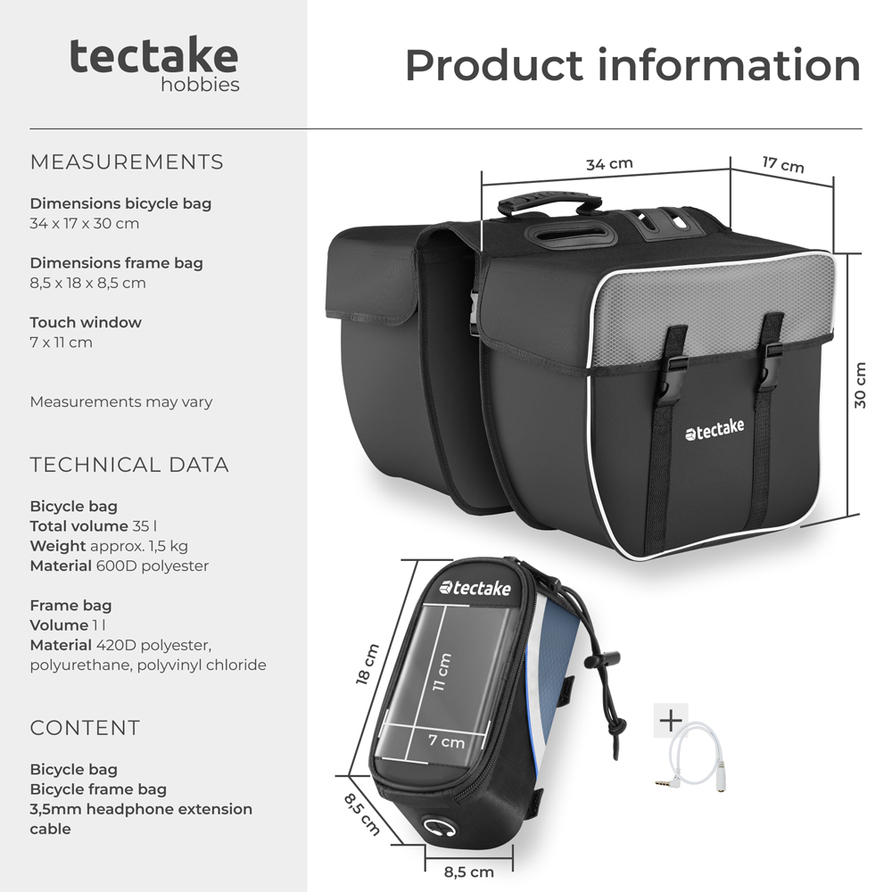 tectake Black and Blue Water-Repellent Georg Frame Bicycle Bag Set 8.5 x 18 x 8.5cm Image 8