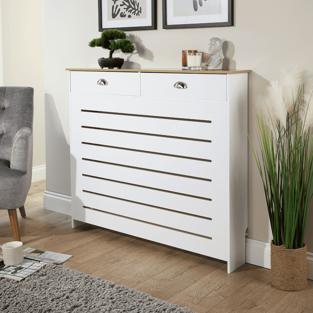 Home Source Batley 2 Drawer White and Oak Horizontal Slat Radiator Cover Medium Image 2
