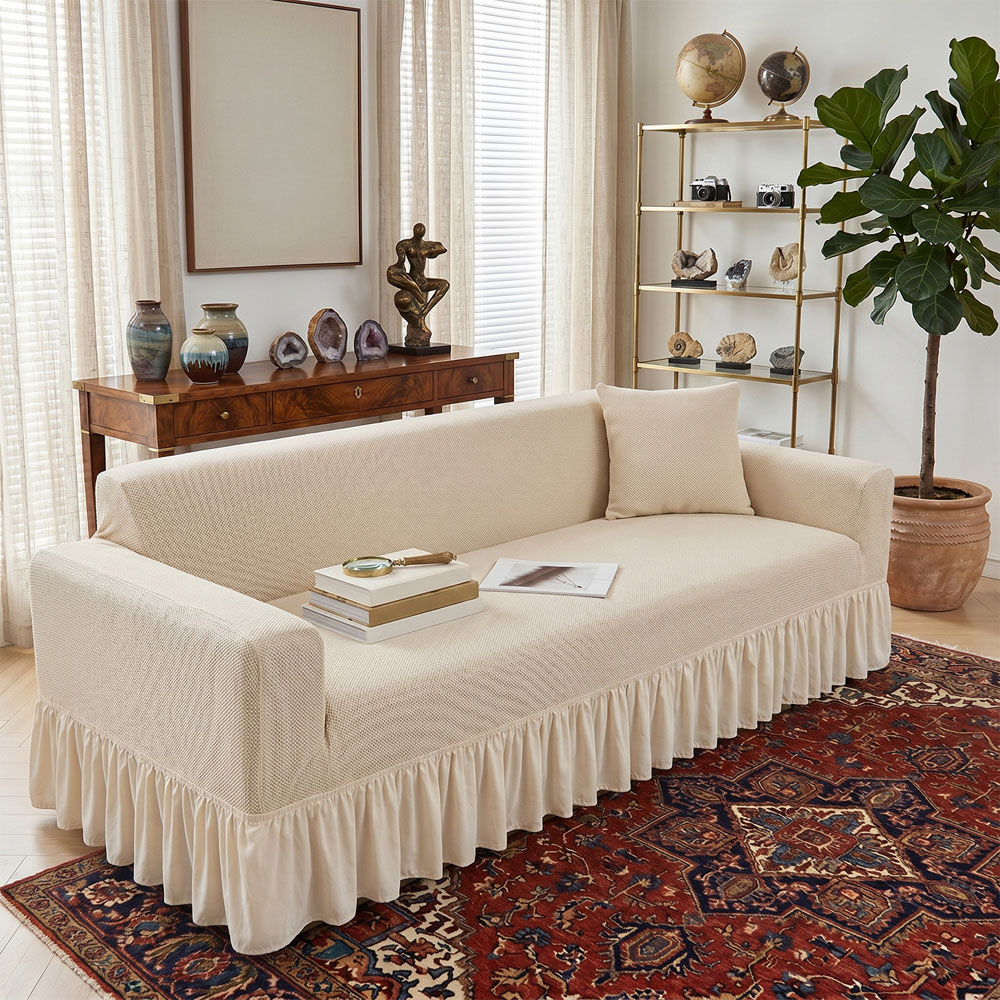 Living and Home 2 Seater Beige Vintage Plush Sofa Cover Image 2