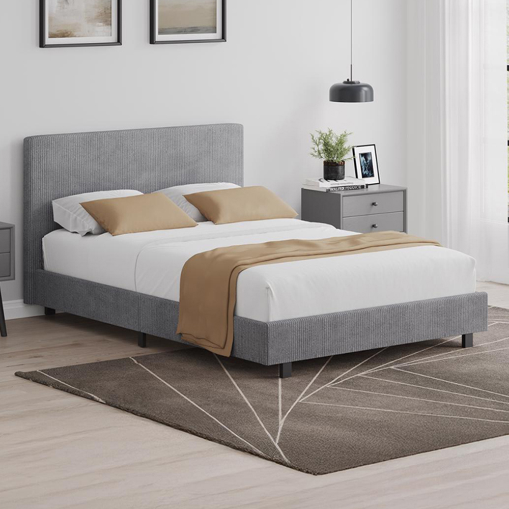 FWStyle Double Grey Upholstered Ribbed Linen Bed Frame Image 1