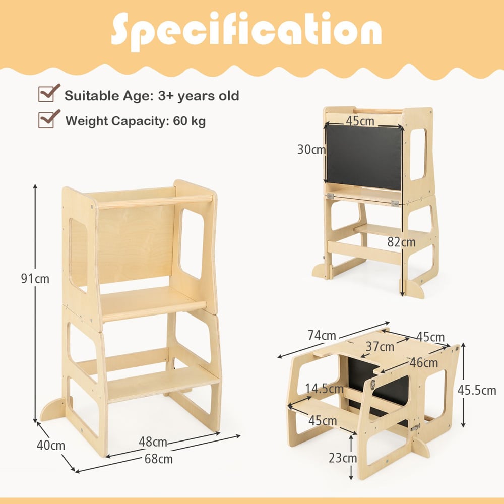 Costway Toddler Natural Foldable Kitchen Step Stool with Chalkboard Image 9
