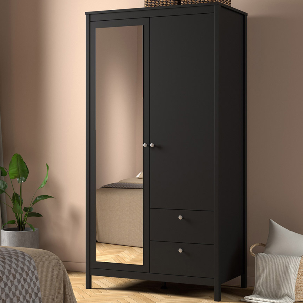 Florence Madrid 2 Door 2 Drawer Matt Black Wardrobe with Mirror Door Image 1