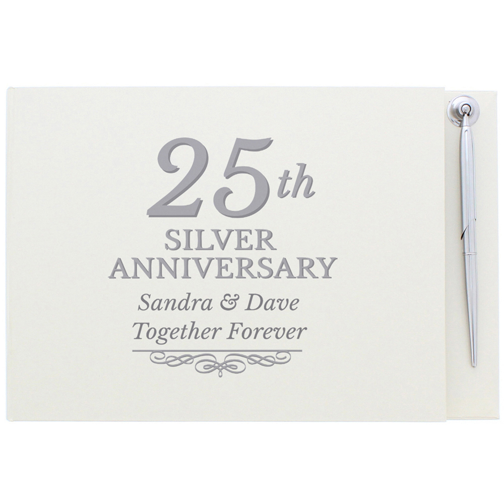 Personalised Memento Personalised 25th Silver Anniversary Hardback Guest Book and Pen Image 1