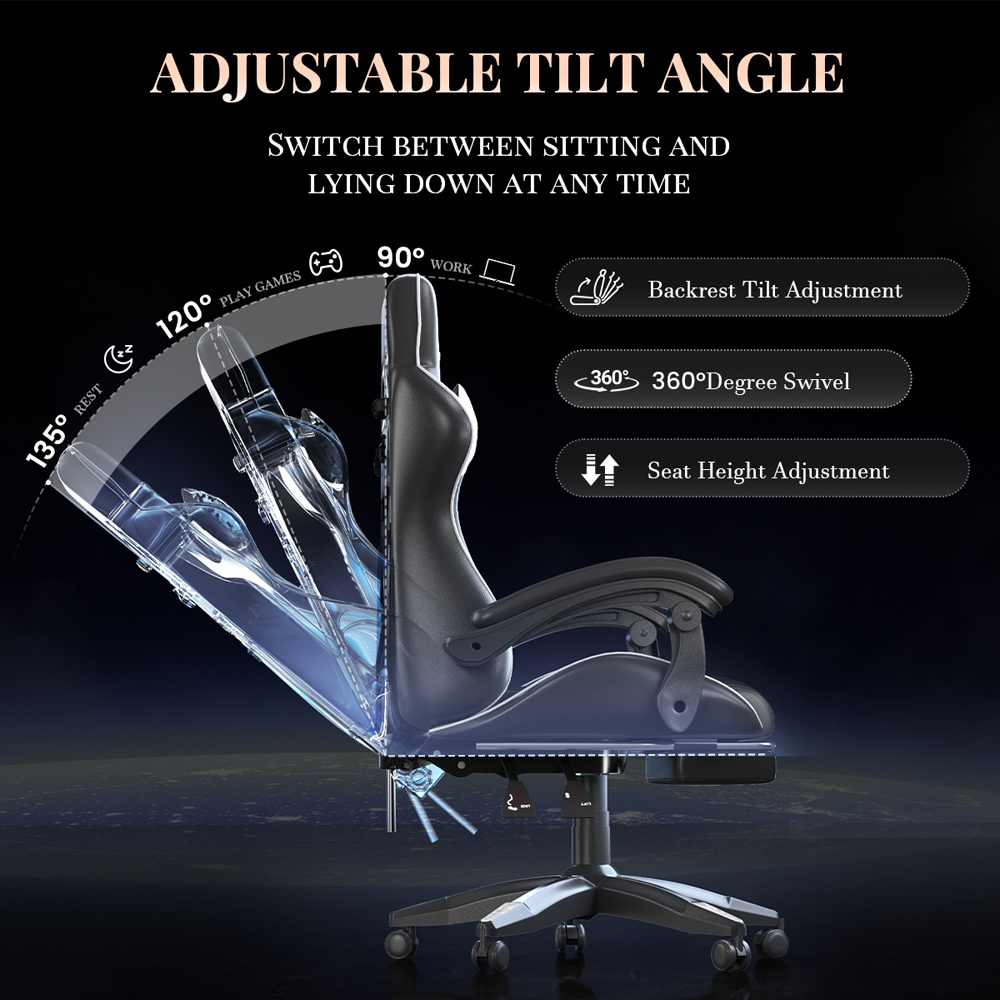 Rattrix White Reclining Gaming Chair with Massage Lumbar Cushion and Footrest Image 6