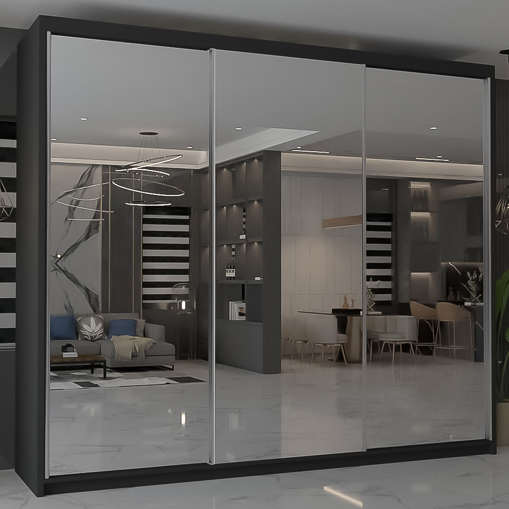 M N Furniture Modern Gala 3 Door Black Mirrored Sliding Wardrobe 250cm Image 1