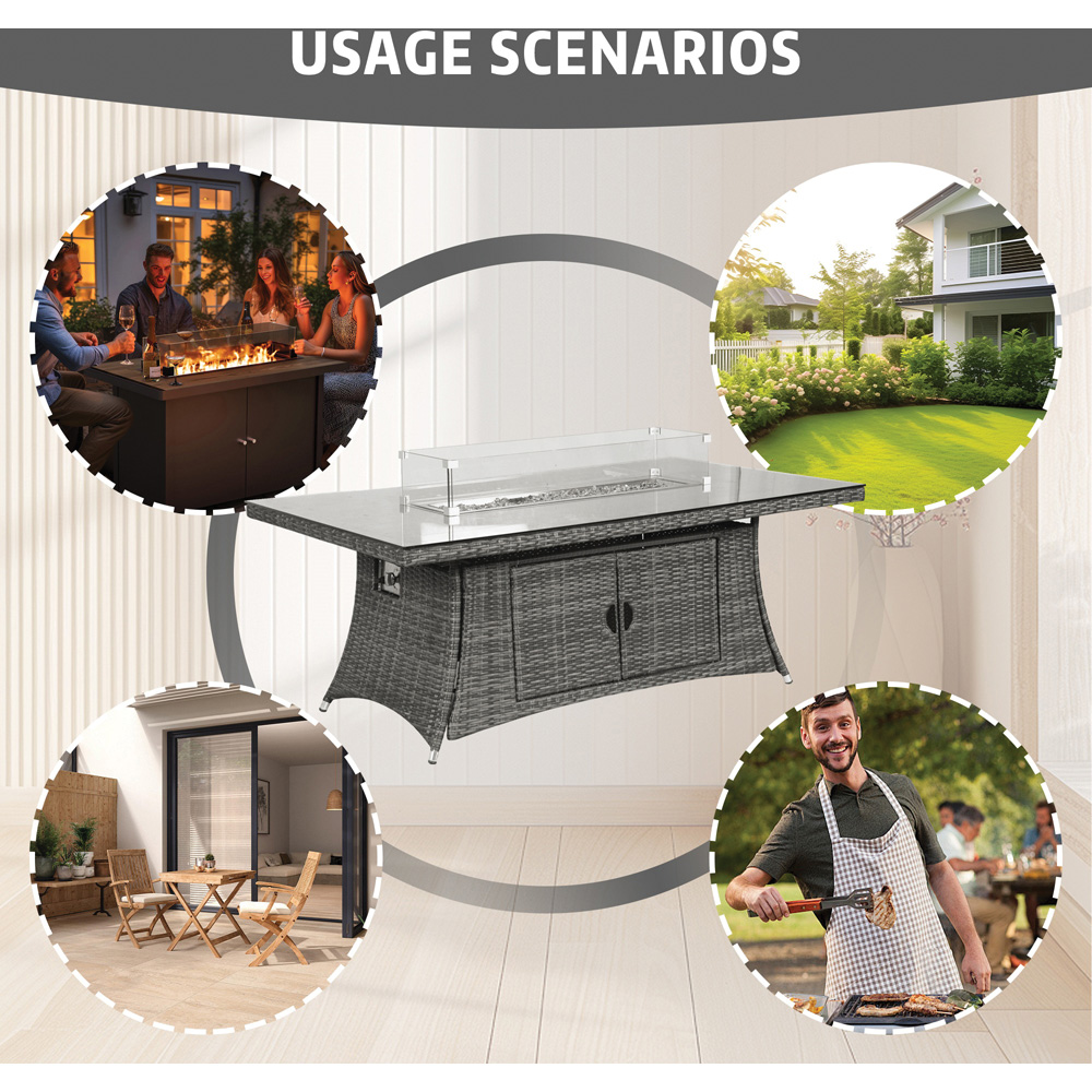 Direct Wicker 6 Seater Grey Rattan Rectangular Fire Pit Dining Table with Glass Top Image 6